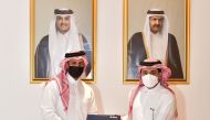 QU President Dr. Hassan Rashid Al Derham (right) and Hassad Food Company CEO Eng Mohamed Badr Al Sadah during the signing of the MoU.