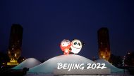 FILE PHOTO: An installation featuring Bing Dwen Dwen and Shuey Rhon Rhon, mascots of the Beijing 2022 Winter Olympics and Paralympics is pictured, in Beijing, China January 22, 2022. REUTERS/Carlos Garcia Rawlins/File Photo

