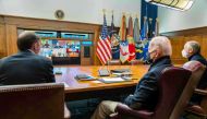 US President Joe Biden holds a meeting with his national security team on the Russia-Ukraine crisis, at Camp David, in Maryland, U.S. January 22, 2022. The White House/Handout via Reuters