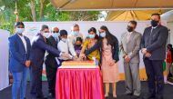 Ambassador Dr. Deepak Mittal and others cut a cake to mark the Republic Day of India at Indian Embassy in Doha, yesterday.