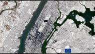 A satellite image shows New York City, U.S., covered with snow amid a winter storm January 30, 2022. Picture taken January 30, 2022. European Union, Copernicus Sentinel-2 Imagery processed by @DEFIS_EU/Handout via REUTERS