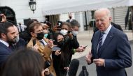 U.S. President Joe Biden speaks to the news media about the situation in Ukraine before boarding Marine One for travel to Ohio from the South Lawn of the White House in Washington, U.S., February 17, 2022. REUTERS/Leah Millis
