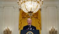 U.S. President Joe Biden provides an update on Russia and Ukraine during remarks in the East Room of the White House in Washington, U.S., February 22, 2022. REUTERS/Kevin Lamarque

