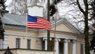 FILE PHOTO: A flag flies at the embassy of the United States in Minsk, Belarus January 24, 2020. Picture taken January 24, 2020. REUTERS/Vasily Fedosenko/File Photo
