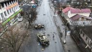 :A destroyed armoured vehicle is seen on a street in the settlement of Borodyanka, as Russia's invasion of Ukraine continues, in the Kyiv region, Ukraine March 3, 2022. Picture taken with a drone. REUTERS/Maksim Levin
