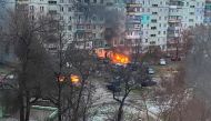 Fire is seen in Mariupol at a residential area after shelling amid Russia's invasion of Ukraine on March 3, 2022, in this image obtained from social media. (Twitter @AyBurlachenko via REUTERS)