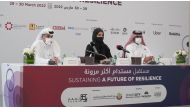 Reem Mohammed Al Mansoori (centre), Assistant Undersecretary of Digital Society Development, Ministry of Communications and Information Technology; Nasser Matar Al Kawari (left), Msheireb Properties Chief Executive Officer; and Sheikh Nasser bin Hamad bin Nasser Al Thani, Chief Commercial Officer Ooredoo, address a press conference on Smart City Expo Doha 2022.