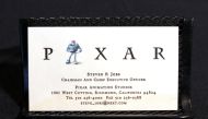A 1990s Steve Jobs Pixar Animation Studios personal business card is pictured during a preview of items offered in RR Auction's 