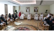 Minister of Commerce and Industry H E Sheikh Mohammed bin Hamad bin Qassim Al Thani with Vice-Chancellor and Minister of Economy and Climate of the Federal Republic of Germany H E Robert Habeck and the accompanying delegation.