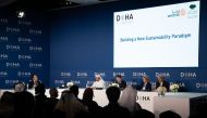 Minister of Environment and Climate Change H E Sheikh Dr. Faleh bin Nasser bin Ahmed bin Ali Al Thani and other speakers at a panel on sustainability at which Erthna Center was unveiled, at Doha Forum, yesterday.    