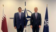 Secretary-General of North Atlantic Treaty Organization (NATO), Jens Stoltenberg, with Qatar’s Ambassador to the mission, Abdulaziz bin Ahmed Al Malki, in Brussels, yesterday.