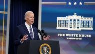 U.S. President Joe Biden announces the release of 1 million barrels of oil per day for the next six months from the U.S. Strategic Petroleum Reserve, as part of administration efforts to lower gasoline prices, during remarks in the Eisenhower Executive Office Building’s South Court Auditorium at the White House in Washington, U.S., March 31, 2022. REUTERS/Kevin Lamarque
