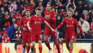 Liverpool's Diogo Jota celebrates scoring their first goal with Thiago Alcantara, Virgil van Dijk and Roberto Firmino. (REUTERS/Phil Noble)