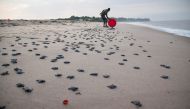 Christian Ndombe, a park ranger, releases turtles on the endangered coastline after incubating the eggs for eight weeks in nests at a hatching centre in Muanda, Democratic Republic of Congo, February 6, 2022. REUTERS/Justin Makangara TPX IMAGES OF THE DAY