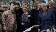 European Commission President Ursula von der Leyen, High Representative of the European Union for Foreign Affairs and Security Policy Josep Borrell and Ukraine's Prime Minister Denys Shmyhal visit the town of Bucha, as Russia's attack on Ukraine continues, outside of Kyiv, Ukraine April 8, 2022. REUTERS/Janis Laizains