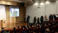 Ukrainian President Volodymyr Zelenskiy addresses South Korean parliament via video link at National Assembly in Seoul, South Korea April 11, 2022. Chung Sung-Jun/Pool via Reuters 