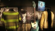 Memorabilia including iconic clothing and musical instruments of the late Kurt Cobain of the legendary grunge band Nirvana, on display at the 