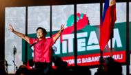 Philippine presidential candidate Ferdinand Marcos Jr., son of late dictator Ferdinand Marcos, gestures as he delivers his speech during the first day of campaign period for the 2022 presidential election, at the Philippine Arena, in Bocaue, Bulacan province, Philippines, February 8, 2022. REUTERS/Lisa Marie David/File Photo
