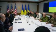 US Secretary of Defense Lloyd Austin and US Secretary of State Antony Blinken meet with Ukrainian Foreign Minister Dmytro Kuleba and Ukrainian President Volodymyr Zelenskiy, in Kyiv, Ukraine April 24, 2022. Department of Defense via AP /Handout via Reuters