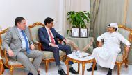 H E Ranil Jayawardena, UK Minister for International Trade, H E John Wilkes, British Ambassador to Doha, and Qatar Chamber’s Second Vice-Chairman Rashed bin Hamad Al Athba, during the meeting, yesterday. 