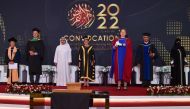 Dr. Sheikh Khalid bin Jabr Al Thani, Chairman of the Board of Trustees, University of Calgary in Qatar; Deborah Yedlin, Chancellor of the University of Calgary, and Dr. Deborah White, Dean and Professor, University of Calgary, with other officials during the graduation ceremony held at The St. Regis Doha hotel yesterday.