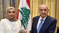 Speaker of the Parliament of Lebanon Nabih Berri during a meeting with President of Arab Network for National Human Rights Institutions H E Maryam bint Abdullah Al Attiyah.