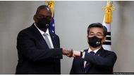 U.S. Defense Secretary Lloyd Austin meets South Korean Defense Minister Suh Wook before the 53rd Security Consultative Meeting a​t the Ministry of National Defense in Seoul, South Korea on December 2, 2021. (Jeon Heon-Kyun/Pool via REUTERS)
