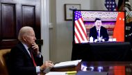 FILE PHOTO: U.S. President Joe Biden speaks virtually with Chinese leader Xi Jinping from the White House in Washington, U.S. November 15, 2021. REUTERS/Jonathan Ernst/File Photo