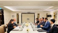 Assistant Foreign Minister for Regional Affairs H E Dr. Mohammed bin Abdulaziz bin Saleh Al Khulaifi during a meeting with Special Envoy of the French President to Libya H E Paul Soler in Paris. 