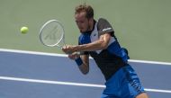 Daniil Medvedev (RUS) returns a shot during his match against Denis Shapovalov (CAN) at the Western & Southern Open at the at the Lindner Family Tennis Center. Mandatory Credit: Susan Mullane-USA TODAY Sports