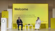 GCO Director Sheikh Jassim bin Mansour bin Jabor Al Thani speaking during the summit as Snap Inc MENA General Manager Hussein Freijeh looks on. 