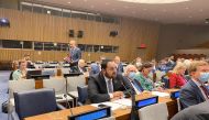 Assistant Minister of Foreign Affairs for Regional Affairs H E Dr. Mohammed bin Abdulaziz Al Khulaifi addressing the meeting.