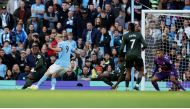 Manchester City's Erling Braut Haaland scores their fourth goal during the EPL match against Southampton at the Etihad Stadium in Manchester on October 8, 2022.  REUTERS/Phil Noble 