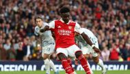 Arsenal's Bukayo Saka scores their third goal from the penalty spot during the EPL match against Liverpool at the Emirates Stadium in London on October 9, 2022.   REUTERS/David Klein