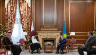 Amir H H Sheikh Tamim bin Hamad Al Thani during a  meeting with President of  Kazakhstan H E Kassym-Jomart Tokayev, in Astana, yesterday.
