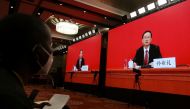 Spokesperson Sun Yeli speaks via video link at a news conference ahead of the 20th National Congress of the Communist Party of China, in Beijing, China, on October 15, 2022. REUTERS/Shubing Wang