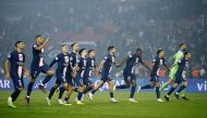 Paris St Germain players celebrate after the Ligue 1 match against Olympique de Marseille at the Parc des Princes, Paris, France, on October 16, 2022.   REUTERS/Stephane Mahe