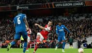Arsenal's Granit Xhaka scores the only goal of the match against PSV Eindhoven during their Europa League clash at the Emirates Stadium in London on October 20, 2022.   REUTERS/Dylan Martinez