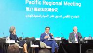 Minister of Labour H E Dr. Ali bin Smaikh Al Marri (centre) speaking at a session of 17th regional meeting of Asia-Pacific countries. 