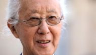 In this file photo taken on May 24, 2019 Japanese architect Arata Isozaki, who was awarded the Pritzker Prize, poses for photographs at the Elysee Palace in Paris where he attended the 2019 Pritzker Architecture Prize reception. Photo by Ludovic MARIN / AFP