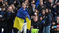 Chelsea's new signing, Chelsea's Ukrainian midfielder Mykhailo Mudryk is introduced to the crowd at half-time in the English Premier League football match between Chelsea and Crystal Palace at Stamford Bridge in London on January 15, 2023. (Photo by Ben Stansall / AFP)