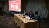 Vice-President of the Inter-American Commission on Human Rights (IACHR), Stuardo Ralon (second right), speaks during a press conference about violence on past demonstrations in Lima on January 13, 2023.  (Photo by ERNESTO BENAVIDES / AFP)