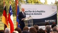 German Chancellor Olaf Scholz delivers a speech during a German-Chilean Economic Forum in Santiago, Chile, on January 30, 2023. REUTERS/Ivan Alvarado