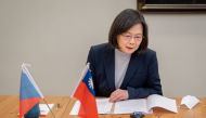 Taiwan President Tsai Ing-wen speaks with Czech President-elect Petr Pavel on a conference call in Taipei, Taiwan January 30, 2023 in this handout picture. Taiwan Presidential Office/Handout via REUTERS