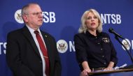 WASHINGTON, DC - FEBRUARY 23: Chair of the National Transportation Safety Board (NTSB) Jennifer Homendy speaks as Director of the NTSB Office of Railroad, Pipeline and Hazardous Materials Robert Hall listens during a news briefing on the East Palestine Northern Southern freight train derailment at the NTSB headquarters on February 23, 2023 in Washington, DC. (Photo by ALEX WONG / GETTY IMAGES NORTH AMERICA / Getty Images via AFP)