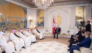 President of the Republic of Tunisia H E Kais Saied meeting with Prime Minister and Minister of Interior H E Sheikh Khalid bin Khalifa bin Abdulaziz Al Thani at the Presidential Palace of Carthage in Tunis, Tunisia.
