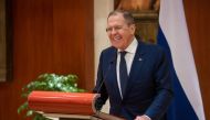 Russian Foreign Minister Sergei Lavrov gives a press conference during the G20 foreign ministers' meeting in New Delhi on March 2, 2023. (Russian Foreign Ministry / AFP)