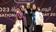 Qatar’s fencer Lina Al Buainain, 400m hurdler Mariam Fareed and Wyld Gym founder Haya Burshaid pose after the panel discussion during the International Women’s Day event, organised by the Qatar Olympic Committee at Al Shaqab yesterday.