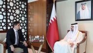 Minister of Commerce and Industry H E Sheikh Mohammed bin Hamad bin Qassim Al Thani meets Minister of Economic Development and Trade of the Republic 
of Tajikistan H E Zavqi Zavqizoda. during the 5th UN Conference on LDC.