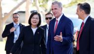 Speaker of the House Kevin McCarthy greets Taiwanese President Tsai Ing-wen on arrival at the Ronald Reagan Presidential Library for a bipartisan meeting on April 5, 2023 in Simi Valley, California. (Photo by Mario Tama / Getty Images via AFP)
